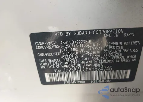 2021 Subaru Forester Sport z USA, uszkodzony, nr VIN JF2SKALC8MH524746